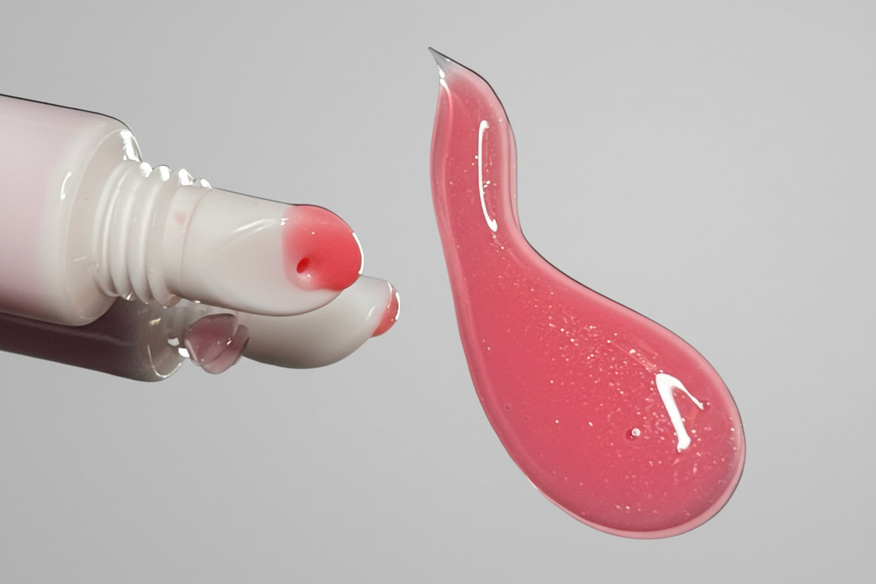 Pink lip balm being applied with a applicator on a dark background